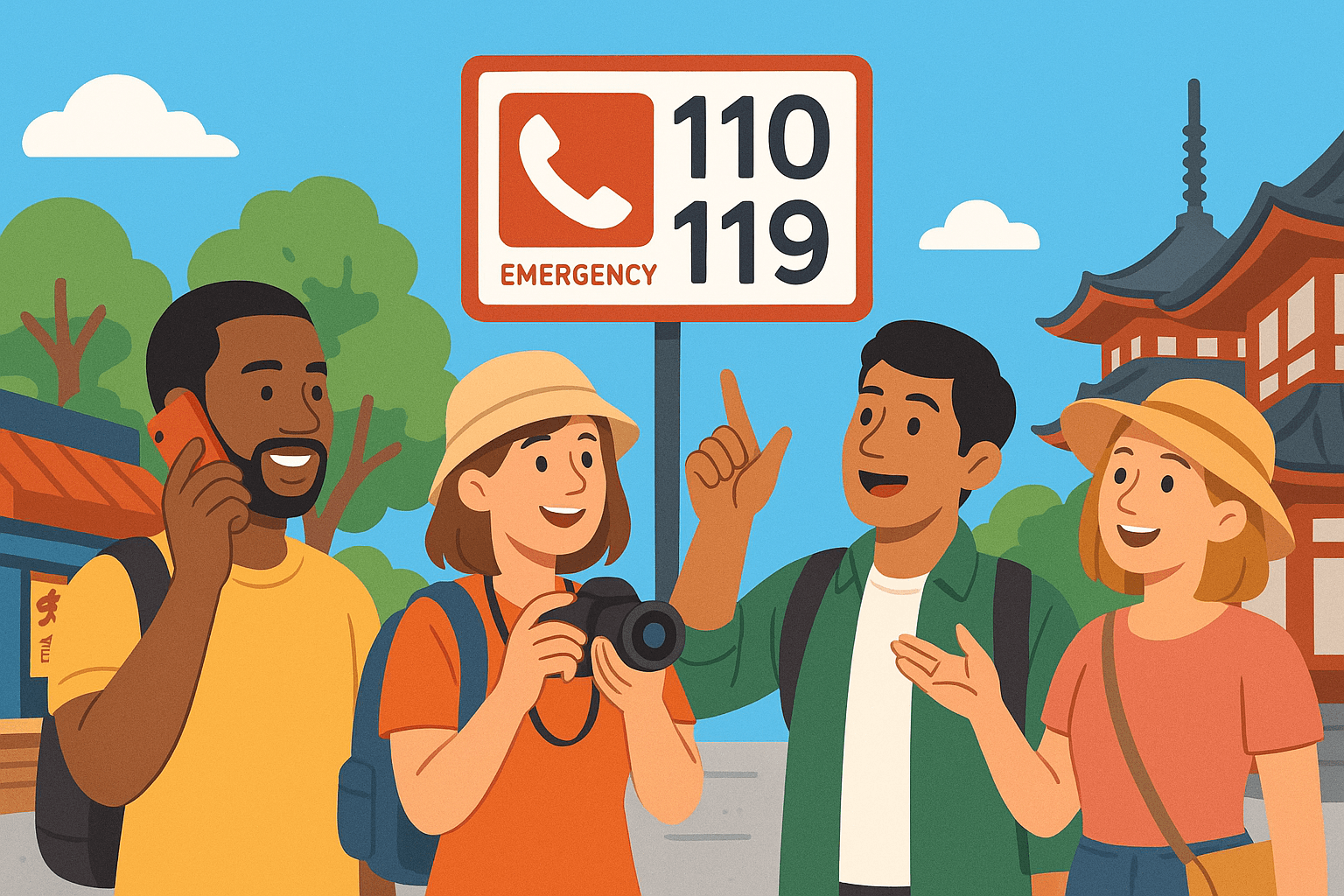 ဂျပန်နိုင်ငံ ခရီးသွားများအတွက် အရေးပေါ်နံပါတ်များ လမ်းညွှန်- 110, 119 နှင့် အင်္ဂလိပ်ဘာသာဖြင့် အကူအညီပေးသည့် ဖုန်းလိုင်းများ